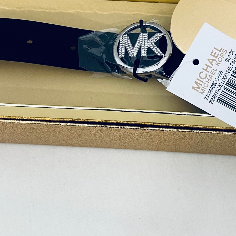 Michael Kors Womens Black Leather Belt Gold Buckle (S/M) - Picture 8 of 10